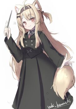 Rule 34 | 1girl, :3, absurdres, ahoge, animal ear fluff, animal ears, black bow, black hairband, black jacket, black skirt, blonde hair, blush, bow, closed mouth, collared shirt, commentary request, eku (vrchat), grey shirt, hair between eyes, hair bow, hairband, high-waist skirt, highres, holding, holding wand, jacket, long hair, long sleeves, looking at viewer, one side up, pleated skirt, red eyes, shirt, signature, simple background, skirt, solo, sparkle, tail, very long hair, vrchat, wand, white background, yuki kawachi