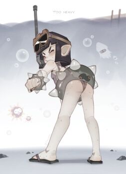 1girl absurdres ass black_hair blooper_(mario) blunt_ends bracelet breasts clenched_hand closed_eyes commentary english_commentary flip-flops from_behind highres innertube jewelry leaning_forward mario_(series) nintendo one-piece_swimsuit onimiere personification petite sandals short_hair small_breasts snorkel snorkel_mask spiked_bracelet spikes standing swim_ring swimsuit thwimp underwater urchin_(mario)