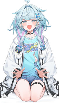 1girl :d absurdres ahoge animal_hood aotake_iro bed_sheet black_choker blue_eyes blue_hair blue_shirt blue_shorts blunt_bangs braid choker commentary_request earclip earrings hair_flaps hair_ornament hairclip heart heart_o-ring highres hololive hololive_dev_is hood hooded_jacket jacket jewelry lap_pillow_invitation lightning_ahoge long_hair looking_at_viewer low_twin_braids mizumiya_su multicolored_hair o-ring o-ring_choker o-ring_thigh_strap open_mouth pink_hair rabbit_hood seiza shirt short_shorts shorts simple_background sitting smile solo spiked_ear_piercing streaked_hair thigh_strap torn_clothes torn_shirt twin_braids virtual_youtuber white_background white_jacket