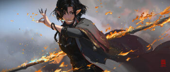1girl artist_name beads bell black_coat black_eyes black_hair character_request coat fire highres holding holding_staff kan_liu_(666k) open_clothes open_coat pointy_ears prayer_beads seal_impression solo staff wide_shot