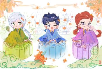 Rule 34 | 3girls, applepiewinry, bishoujo senshi sailor moon, bishoujo senshi sailor moon stars, black hair, blue dress, blue eyes, braid, brown hair, chinese clothes, closed mouth, commentary request, dress, earrings, flower, glasses, gloves, green dress, green eyes, jewelry, long hair, looking at viewer, mirror, multiple girls, one eye closed, open mouth, ponytail, purple dress, purple eyes, seiya kou, smile, taiki kou, white hair, yaten kou