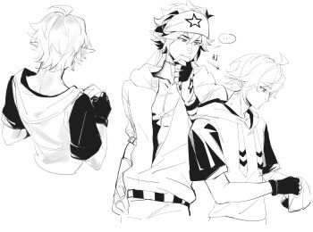 Rule 34 | ..., 2boys, ahoge, aotu world, arrow (symbol), bandana, blue eyes, chinese commentary, commentary request, drawstring, fingerless gloves, gloves, greyscale, hand on own chin, hand on own hip, headband, height difference, highres, holding, holding towel, hood, hood down, hooded jacket, hoodie, jacket, kangmaibai, king (aotu world), looking at another, male focus, monochrome, multiple boys, multiple views, pointy ears, print gloves, print headband, purple eyes, ray (aotu world), shirt, short hair, short sleeves, simple background, smile, spoken ellipsis, spot color, star (symbol), star print, towel, turtleneck, white background