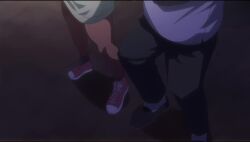 1boy 1girl animal_hood animated bare_legs brown_hair fat fat_man green_hoodie hands_in_pockets highres hood hood_up hoodie katou_mio_(seika_jogakuin_kounin_sao_ojisan) naked_hoodie night outdoors park seika_jogakuin_kounin_sao_ojisan sound tagme video