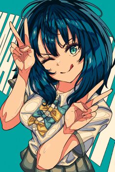 1girl aqua_background aqua_bow aqua_eyes artdroiiid_ii blue_hair bow breasts choker closed_mouth collared_shirt commentary cowboy_shot double_v english_commentary from_above grey_skirt hands_up highres large_breasts long_hair looking_at_viewer make_heroine_ga_oo_sugiru! one_eye_closed pleated_skirt school_uniform serafuku shirt short_sleeves skirt smile solo standing text_background thick_eyelashes tongue tongue_out tsuwabuki_high_school_uniform v v-shaped_eyebrows white_shirt yanami_anna yellow_bow