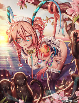 1girl ass black_thighhighs braid breasts chloris_garden cleavage cleavage_cutout clothing_cutout covered_erect_nipples food fruit glasses grin headdress heart heart_cutout long_hair mana_(remana) monkey original peach pink_hair seiten_(chloris_garden) smile tail teeth thighhighs twin_braids yellow_eyes