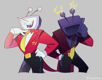 1boy ant_tenna black_pants cropped_legs crt deltarune fang gloves grey_background hand_in_pocket hand_on_own_hip hand_up highres male_focus multiple_views necktie nnsn_gnbe object_head open_mouth pants pointy_nose simple_background smile static static_electricity tailcoat twitter_username utdr_(toby_fox) white_gloves yellow_necktie