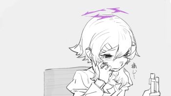 Rule 34 | 1girl, attempted suicide, bags under eyes, beret, blue archive, bruise, bruise on face, chair, collared shirt, firing, grimace, gun, hair ornament, hairclip, half-closed eyes, halo, haruka (blue archive), hashcurantodash, hat, hatching (texture), holding, holding gun, holding weapon, imminent suicide, jacket, japanese text, juliet sleeves, linear hatching, long sleeves, looking past viewer, medium hair, monochrome, motion lines, one eye closed, pain, puffy long sleeves, puffy sleeves, shirt, shotgun, sidelocks, sitting, solo, spot color, suicide, tearing up, translation request, upper body, weapon