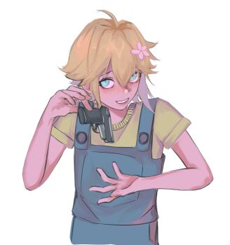 Rule 34 | 1boy, absurdres, ahoge, alternate costume, antenna hair, basil (faraway) (omori), basil (omori), blonde hair, blue eyes, blue overalls, blush, commentary, double-parted bangs, english commentary, flower, futo (tofuutoufofuto), green shirt, grin, gun, hair between eyes, hair flower, hair ornament, highres, holding, holding gun, holding weapon, male focus, omori, open mouth, overalls, shirt, simple background, smile, solo, t-shirt, teeth, upper body, weapon, white background