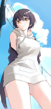 1girl black_hair blue_sky blush brown_eyes chang_chin-lan cloud commentary_request drawstring earrings from_below highres hood hoodie jewelry kamiina_botan_yoeru_sugata_wa_yuri_no_hana pisutashioo power_lines short_hair sky sleeveless sleeveless_hoodie smile solo thighs utility_pole white_hoodie