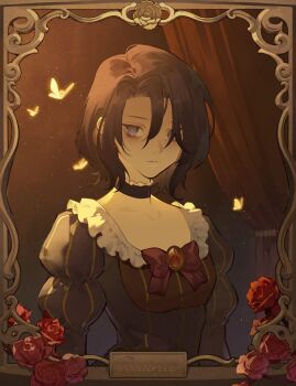 1girl blue_eyes brown_dress brown_hair bug butterfly character_name commentary dress expressionless flower highres insect lilith-lily portrait rose short_hair solo umineko_no_naku_koro_ni yasu_(umineko) yellow_butterfly