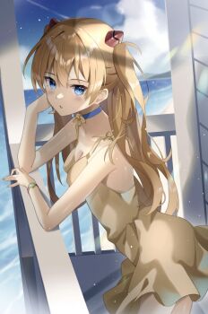 Rule 34 | 1girl, @shun, blue eyes, blush, breasts, dress, highres, interface headset (evangelion), long hair, looking at viewer, medium breasts, neon genesis evangelion, souryuu asuka langley, sundress, two side up, watch