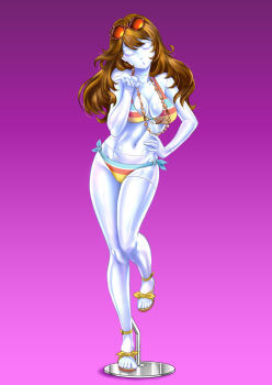 1girl albyee alternate_hairstyle bikini breasts brown_hair commission eyewear_on_head hand_on_own_hip kujikawa_rise mannequin medium_breasts medium_hair navel persona persona_4 petrification purple_background sandals solo standing standing_on_one_leg sunglasses swimsuit