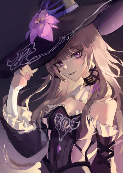 1girl absurdres ascot black_choker black_hat breasts choker cleavage commentary detached_sleeves dress flower grey_hair grin hand_up hat hat_flower herta_(honkai:_star_rail) highres honkai:_star_rail honkai_(series) long_hair long_sleeves looking_at_viewer parted_lips purple_eyes purple_flower rangmal smile solo strapless strapless_dress the_herta_(honkai:_star_rail) upper_body very_long_hair white_ascot witch_hat