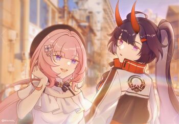 Rule 34 | 2girls, bare shoulders, beret, blue eyes, blurry, blurry background, breasts, commentary, elysia (honkai impact), english commentary, flower, hair flower, hair ornament, hat, honkai (series), honkai impact 3rd, horns, jacket, large breasts, long hair, movrein, multicolored jacket, multiple girls, open mouth, pink hair, ponytail, purple eyes, raiden mei, raiden mei (herrscher of thunder), red horns, shirt, smile, teeth, twitter username, two-tone jacket, upper teeth only, very long hair, white shirt