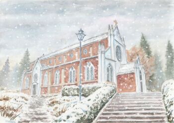 building church commentary_request day lamppost no_humans original outdoors overcast painting_(medium) paruperu scenery sky snow snowing stairs traditional_media tree watercolor_(medium)