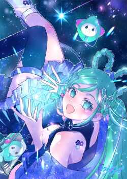 1girl 3sanshokudango3 aqua_eyes aqua_hair aqua_nails blue_jacket blue_thighhighs blush braid braided_hair_rings commentary_request crop_top earrings hair_ornament hair_rings hatsune_miku heart heart_earrings highres jacket jewelry long_hair looking_at_viewer looking_back magical_mirai_(vocaloid) magical_mirai_miku magical_mirai_miku_(2025) official_alternate_costume official_alternate_hairstyle open_mouth signature single_earring single_thighhigh small_stellated_dodecahedron smile solo star_(symbol) star_hair_ornament thighhighs twintails very_long_hair vocaloid
