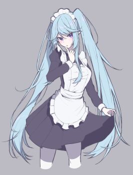 1girl absurdres apron blue_hair breasts commentary_request epsilon_(kagejitsu) frills grey_background hair_between_eyes highres kage_no_jitsuryokusha_ni_naritakute! kawakami_ichiten long_hair maid maid_apron maid_headdress medium_breasts pointy_ears presenting purple_eyes simple_background solo upper_body very_long_hair