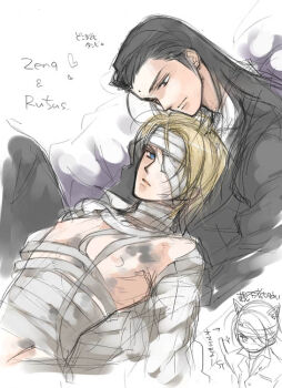 2boys animal_ears bad_id bandage_over_one_eye bandaged_chest bandaged_head bandaged_neck bandages bare_pectorals bindi black_eyes black_hair black_pants black_suit blonde_hair blue_eyes cat_ears character_name commentary_request dated_commentary expressionless final_fantasy final_fantasy_vii formal_clothes hair_slicked_back head_on_chest heart jacket kemonomimi_mode long_hair looking_down male_focus multiple_boys off_shoulder on_bed open_clothes open_shirt pants parted_lips partially_colored pectorals pillow rufus_shinra shirt suit suit_jacket toujou_sakana translation_request tseng upper_body white_shirt yaoi