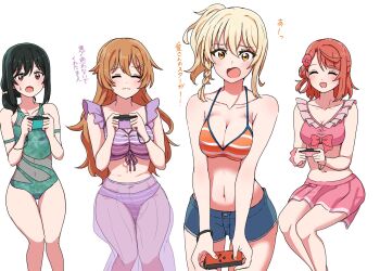 4girls :3 :d :o ^_^ bikini bikini_skirt bikini_top_only bikini_under_skirt black_hair blonde_hair blue_shorts blush braid braided_sidelock breasts brown_hair cleavage closed_eyes closed_mouth collarbone commentary_request controller cowboy_shot denim denim_shorts embarrassed feet_out_of_frame flower frilled_bikini frills game_controller green_one-piece_swimsuit hair_bun hair_flower hair_ornament hair_ribbon half_updo highres holding holding_controller holding_game_controller invisible_chair joy-con konoe_kanata konoe_kanata_(kujibikido_swimsuit) large_breasts long_hair love_live! love_live!_nijigasaki_high_school_idol_club low_side_ponytail medium_breasts medium_hair mifune_shioriko mifune_shioriko_(kujibikido_swimsuit) miyashita_ai miyashita_ai_(kujibikido_swimsuit) multiple_girls navel official_alternate_costume one-piece_swimsuit open_mouth orange_bikini orange_eyes orange_hair pink_bikini pink_flower playing_games purple_bikini purple_skirt red_eyes ribbon see-through_clothes see-through_skirt short_hair short_shorts shorts side_ponytail simple_background single_side_bun sitting skirt smile stomach string_bikini striped_bikini striped_clothes sweatdrop swimsuit taiyakippassion translation_request uehara_ayumu uehara_ayumu_(kujibikido_swimsuit) very_long_hair white_background yellow_ribbon