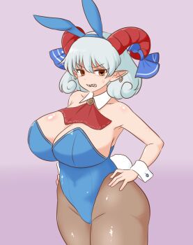 Rule 34 | 1girl, ascot, blue leotard, blue ribbon, breasts, brown eyes, cleavage, commentary request, curvy, detached sleeves, earrings, grey hair, hands on own hips, highres, horn ornament, horn ribbon, horns, huge breasts, jewelry, leotard, mizusoba, pantyhose, pink background, playboy bunny, pointy ears, rabbit tail, rectangular pupils, red ascot, ribbon, sharp teeth, sheep girl, sheep horns, short hair, simple background, solo, tail, teeth, touhou, toutetsu yuuma, wrist cuffs