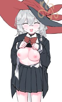 Rule 34 | 1girl, absurdres, black hat, black jacket, black skirt, blue archive, blush, bow, bowtie, braid, breasts, breasts out, closed eyes, clothes lift, commentary, crossed bangs, eri (blue archive), grey hair, hair between eyes, halo, hat, highres, jacket, large breasts, long hair, nipples, open clothes, open mouth, open shirt, partially unbuttoned, pleated skirt, red bow, red bowtie, rusmaamhi, shirt, shirt lift, side braid, skirt, smile, solo, thighs, white shirt, witch hat, yellow halo