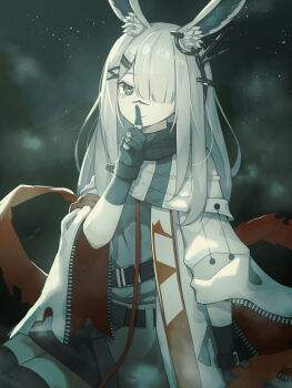 1girl animal_ear_fluff animal_ears arknights black_eyes black_gloves cloak commentary_request finger_to_mouth fog frostnova_(arknights) gloves grey_hair hair_over_one_eye highres jewelry long_hair looking_at_viewer multiple_rings night one_eye_covered outdoors partial_commentary pon2023 ring scar scar_on_face scar_on_nose shushing sleeve_zipper solo strap white_cloak zipper