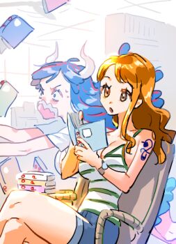 2girls bare_shoulders blue_hair blue_shorts book breasts brown_eyes chair cleavage commentary crossed_legs feet_out_of_frame holding holding_book horns indoors large_breasts library long_hair lowres mask mouth_mask multiple_girls nami_(one_piece) on_chair one_piece open_mouth orange_hair raine_(acke2445) shirt short_shorts shorts shoulder_tattoo single_sidelock sitting striped_clothes striped_shirt sweatdrop symbol-only_commentary tattoo thighs ulti_(one_piece) wavy_hair white_shirt