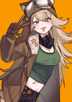 1girl absurdres animal_ears aviator_cap black_mask black_shorts blonde_hair blush bomber_jacket breasts brown_gloves brown_hat brown_jacket cleavage gloves goggles goggles_on_headwear green_eyes green_tank_top hat highres holypotato0 jacket lilya_(reverse:1999) long_hair looking_at_viewer mask mask_around_neck medium_breasts midriff navel open_clothes open_jacket orange_background oxygen_mask reverse:1999 short_shorts shorts simple_background solo tank_top tongue tongue_out w