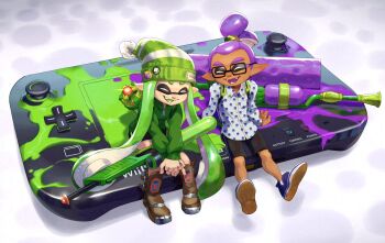 Rule 34 | 1boy, 1girl, :d, ^ ^, arm support, artist name, badge, beanie, bike shorts, black-framed eyewear, black shorts, blue footwear, boots, breast pocket, brown footwear, button badge, closed eyes, collared shirt, colored tongue, commentary, dress shirt, english commentary, fangs, game console, glasses, green hair, green hat, green hoodie, green tongue, gun, handheld game console, hat, highres, hood, hood down, hoodie, ink tank (splatoon), inkling, inkling boy, inkling girl, inkling player character, jellyfish print, laughing, long hair, long sleeves, nintendo, open mouth, pocket, pointy ears, pom pom (clothes), pom pom beanie, purple hair, purple tongue, shirt, shoes, short eyebrows, short shorts, shorts, simple background, sitting, smile, socks, splat charger (splatoon), splat roller (splatoon), splatoon (series), splatoon 1, stup-jam, teeth, tentacle hair, thick eyebrows, topknot, twitter username, very long hair, weapon, white background, white shirt, white socks, wii u, wii u gamepad, wing collar, zipper, zipper pull tab