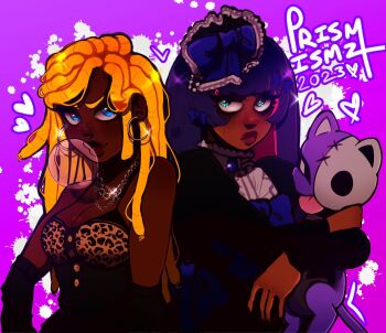 2023 2girls alternate_skin_color anger_vein animal_print black_dress blacktober blonde_hair blowing_bubble_gum blue_eyes blunt_bangs bow breasts bridge_piercing chewing_gum cleavage colored_inner_hair dark-skinned_female dark_skin darkened_skin dreadlocks dress earrings elbow_gloves face_piercing glint gloves gothic_lolita hair_bow highres holding holding_stuffed_toy honekoneko_(psg) hoop_earrings jewelry juliet_sleeves leopard_print lips lolita_fashion long_hair long_sleeves looking_at_viewer mole mole_on_cheek multicolored_hair multiple_girls multiple_necklaces necklace panty_&amp;_stocking_with_garterbelt panty_(psg) parted_lips piercing pink_hair prismismz puffy_sleeves purple_hair septum_piercing siblings sisters sleeveless sleeveless_dress smile stocking_(psg) stuffed_animal stuffed_cat stuffed_toy thick_lips two-tone_hair v-shaped_eyebrows very_dark_skin