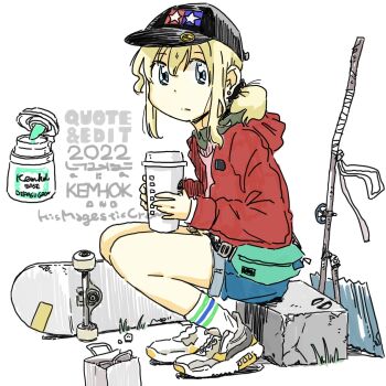 1girl 2022 artist_name baseball_cap black_hat blonde_hair blue_eyes collared_shirt commentary cup denim denim_shorts disposable_cup earrings expressionless fanny_pack full_body hat holding holding_cup hood hood_down hooded_jacket industrial_pipe jacket jewelry kemhok looking_at_viewer original pink_vest ponytail red_jacket shirt shoes shorts shorts_rolled_up sidelocks simple_background sitting skateboard sneakers socks striped_clothes striped_socks stud_earrings valve vest white_background