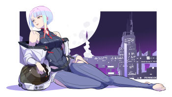 1girl absurdres bare_shoulders belt between_fingers bigroll black_belt blonde_hair blue_hair blue_leotard breasts cigarette commentary cyberpunk cyberpunk:_edgerunners cyberpunk_(series) cyberpunk_2077 cyborg eyeliner feet green_hair hand_on_own_thigh heattech_leotard helmet highleg highleg_leotard highres holding holding_cigarette jacket large_breasts leotard looking_afar looking_to_the_side lucy_(cyberpunk) makeup multicolored_hair night_city_(cyberpunk) no_shoes off-shoulder_jacket off_shoulder open_clothes open_jacket orange_hair parted_lips pink_hair red_eyeliner red_lips short_hair sitting smoke smoking solo space_helmet stirrup_legwear toeless_legwear toes turtleneck white_jacket yokozuwari