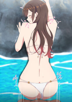 1boy 1girl absurdres against_rock back bare_shoulders bikini brown_hair clenched_teeth closed_eyes dark-skinned_male dark_skin doggystyle fingernails hari_official heart highres kanojo_okarishimasu long_hair mizuhara_chizuru ocean outdoors penis sex sex_from_behind standing standing_sex swimsuit teeth vaginal water white_bikini