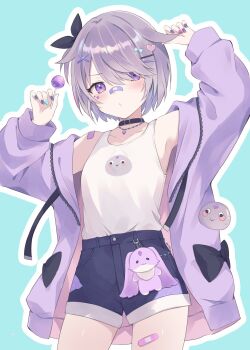 1girl bandaid bandaid_on_face bandaid_on_leg bandaid_on_nose black_choker blush bow candy choker cowboy_shot food grey_hair hair_ornament hair_over_one_eye hair_ribbon hairclip heart heart_hair_ornament highres holding holding_candy holding_food holding_lollipop hololive hololive_english jacket jewelry koseki_bijou lollipop looking_at_viewer loveyuzu nail_polish necklace open_clothes open_jacket outline purple_eyes purple_hair purple_jacket purple_nails ribbon shirt short_hair shorts solo tank_top virtual_youtuber white_outline white_tank_top x_hair_ornament