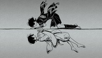 2boys absurdres armor bag barefoot dual_persona faceless faceless_male facing_another feathers from_side furisode genshin_impact grey_background greyscale highres japanese_armor japanese_clothes kariginu kimono kote layered_sleeves leggings long_sleeves monochrome multiple_boys pants pillosopi pom_pom_(clothes) profile scaramouche_(genshin_impact) scaramouche_(kabukimono)_(genshin_impact) short_sleeves shorts split_screen stirrup_legwear string tassel toeless_legwear toes wide_sleeves