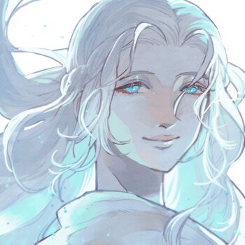 1girl braid final_fantasy final_fantasy_xiv floating_hair half_up_braid highres long_hair looking_at_viewer portrait senoura_korafu simple_background smile solo venat_(ff14) white_background white_hair