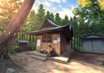 1girl absurdres architecture bag banken black_hair black_neckerchief black_sailor_collar black_shoes black_skirt blue_bag boulder box building bush cat cloud cloudy_sky donation_box east_asian_architecture grey_eyes hands_up highres knees_together_feet_apart loafers neckerchief original outdoors pleated_skirt poster_(object) sailor_collar scenery school_bag school_uniform serafuku shide shinto shirt shoes short_sleeves shrine sitting skirt sky socks solo sun sunlight tree white_shirt white_socks wide_shot