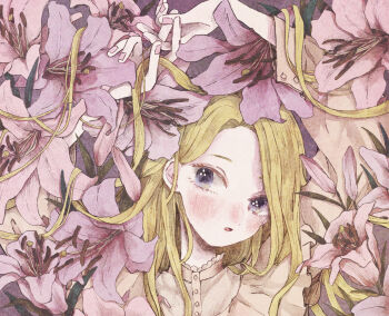 1girl absurdres arms_up blonde_hair blush commentary_request flower grey_eyes highres leaf lily_(flower) long_hair long_sleeves momo_walnut muted_color original parted_lips pink_flower pink_nails pink_theme plant portrait purple_background shirt sideways_glance solo white_shirt
