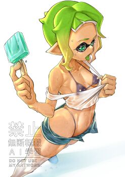 1girl armpits bikini black_bikini breasts clothes_pull colored_tongue emit_x food from_above from_side green_eyes green_hair green_tongue highres holding holding_food holding_popsicle inkling_girl inkling_player_character looking_ahead medium_hair navel nintendo open_fly open_mouth pointy_ears popsicle shirt shirt_pull short_shorts shorts simple_background small_breasts solo splatoon_(series) stomach sweat swimsuit tan thighhighs tongue tongue_out variant_set white_background white_shirt white_thighhighs