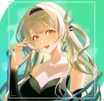 Rule 34 | 1girl, :d, bare shoulders, black dress, black hairband, breasts, commentary, detached sleeves, dress, firefly (honkai: star rail), firefly (on the journey) (honkai: star rail), green background, grey hair, hair intakes, hairband, hand up, highres, honkai: star rail, honkai (series), jewelry, long hair, looking at viewer, multicolored eyes, open mouth, roha (2r0ha1745), sidelocks, sleeveless, sleeveless dress, smile, solo, turtleneck, turtleneck dress, two-tone dress, two-tone eyes, upper body, yellow eyes