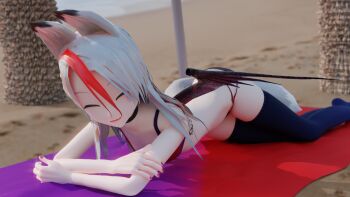 3d animal_ears beach collar fang fox_ears fox_girl highres lying on_stomach open_mouth original self-upload sigmathefox swimsuit wings