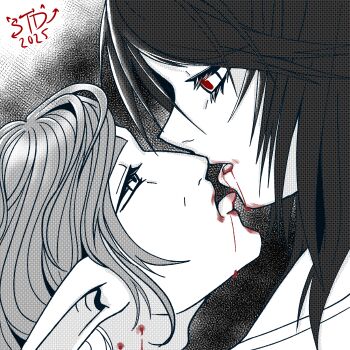 bleeding bleeding_from_mouth blood blood_on_face drooling_on_another femdom licking_blood licking_lips tongue tongue_out vampire vampire_bite