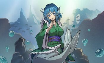1girl absurdres air_bubble blue_eyes blue_hair breasts bubble chinese_commentary finger_to_mouth fins fish frilled_kimono frills green_kimono head_fins highres japanese_clothes kimono mermaid monster_girl obi obijime rock sash shishui_guima solo touhou underwater wakasagihime