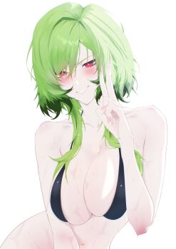 1girl absurdres august_anomaly bikini blush breasts breasts_squeezed_together fingernails green_hair highres large_breasts navel red_eyes sidelocks smile sweat swimsuit v vivi_co white_background