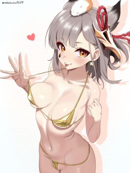 Rule 34 | 1girl, :p, absurdres, animal, animal ears, animal on head, azur lane, bikini, breasts, collarbone, earrings, gold bikini, grey hair, heart, highres, jewelry, looking at viewer, medium breasts, micro bikini, navel, nobukusa0209, on head, simple background, solo, star (symbol), suzutsuki (azur lane), swimsuit, tongue, tongue out, white background