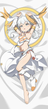 1girl absurdres armpits arms_up barefoot breasts high_heels highres looking_at_viewer navel onion_(tamanegi) open_mouth shoes single_shoe skirt small_breasts solo strapless tama_(wixoss) tube_top white_eyes white_hair white_shoes white_skirt white_tube_top wixoss