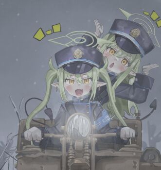 2girls absurdres armband behind_another blue_archive blue_armband blue_hat blue_shirt breath driving earrings fang garrison_cap gloves green_hair green_halo grey_sky hair_between_eyes halo hat headlight_beam highres hikari_(blue_archive) jewelry kettenkrad long_hair long_sidelocks long_sleeves making_faces multiple_girls naaga_sonomono nozomi_(blue_archive) pointy_ears shirt shoujo_shuumatsu_ryokou sidelocks skin_fang sky snow train_conductor twintails very_long_sidelocks wavy_hair white_gloves winter yellow_eyes