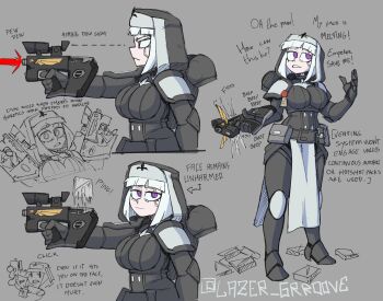 1girl adepta_sororitas aiming armor artist_name bullpup chibi commentary directed-energy_weapon dual_wielding energy energy_beam energy_gun energy_weapon english_commentary english_text firing gun handgun highres holding laser laser_weapon lasgun lazer_groove nun_headdress object_focus pistol power_armor purity_seal purple_eyes reloading scar scar_across_eye scar_on_face skirt solo warhammer_40k weapon weapon_focus white_hair