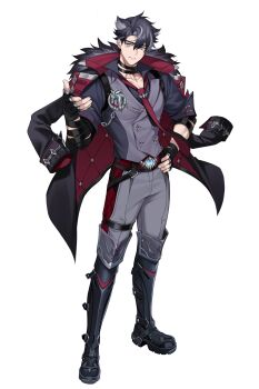 Rule 34 | 1boy, bandaged arm, bandaged hand, bandaged neck, bandages, black gloves, black hair, black jacket, black shirt, black shoes, closed mouth, commentary, earrings, fingerless gloves, fur-trimmed jacket, fur trim, genshin impact, gloves, grey eyes, grey hair, grey pants, grey vest, hair between eyes, highres, jacket, jewelry, long sleeves, male focus, multicolored hair, necktie, pants, red necktie, scar, scar on neck, shirt, shoes, short hair, solcha, solo, streaked hair, symbol-only commentary, unworn jacket, vest, white background, wriothesley (genshin impact)