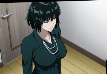 1girl black_hair breasts dress fubuki_(one-punch_man) green_dress green_eyes highres jewelry large_breasts necklace one-punch_man solo stitched third-party_edit